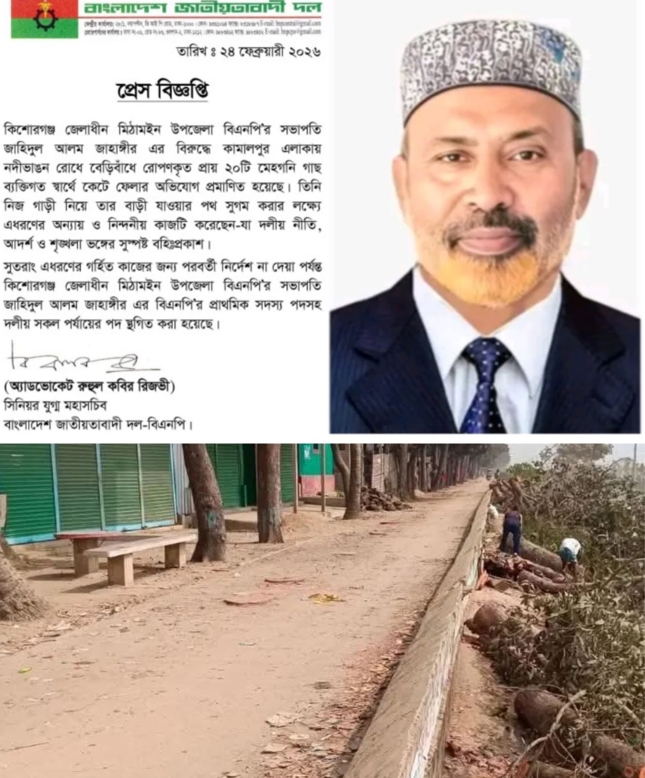 কিশোরগঞ্জের মিঠামইনে বিএনপির নেতার বিরুদ্ধে বেড়িবাঁধের গাছ কেটে ফেলার অভিযোগ